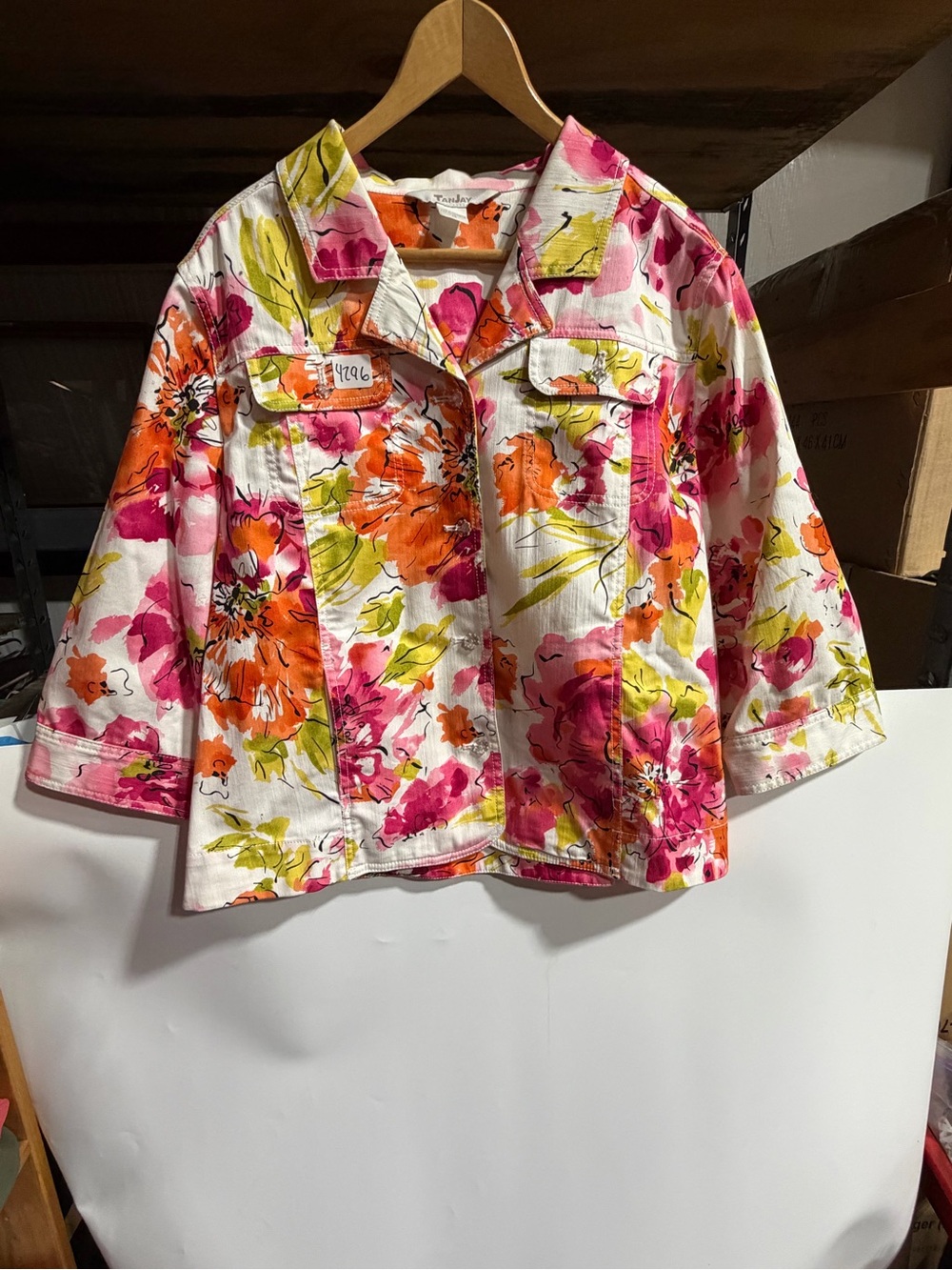#4296-TanJay White Jean Jacket with Pink, Orange & Lime Floral Print